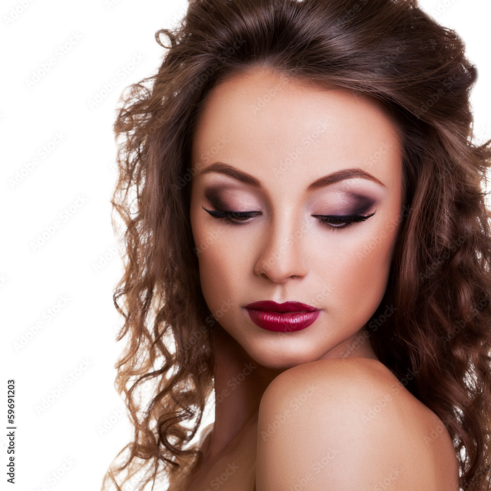Fototapeta premium Beautiful woman with professional make up white background