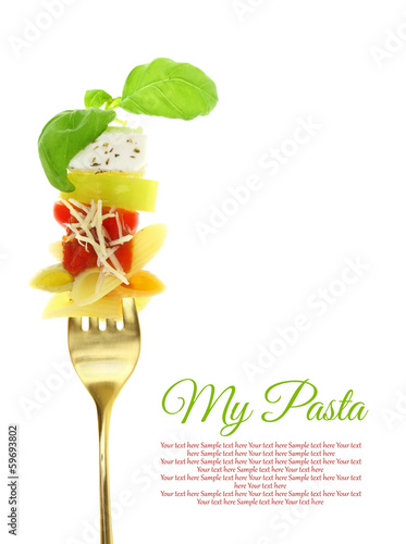 Mediterranean penne pasta on fork isolated on white