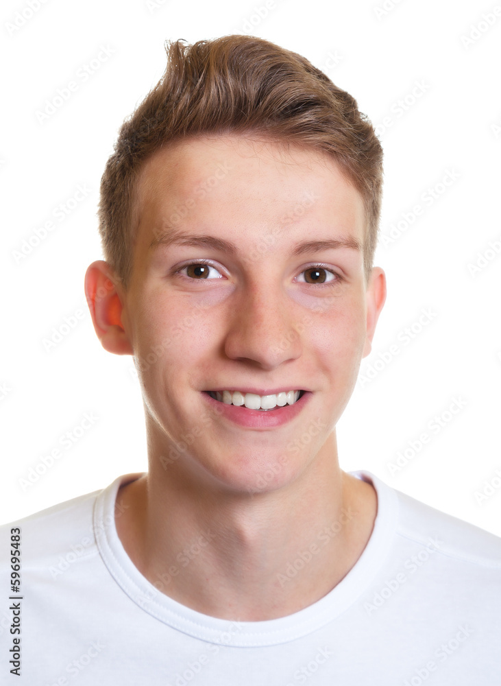 Portrait eines lachenden Studenten mit blonden Haaren Portrait eines lachenden Studenten mit blonden Haaren