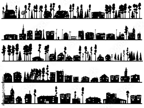 Horizontal childish silhouettes of built, home and trees