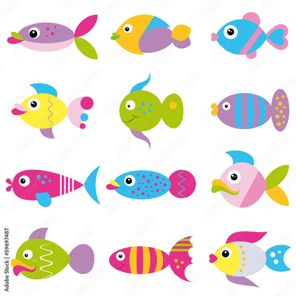 colorful cartoon funky fish collection pattern