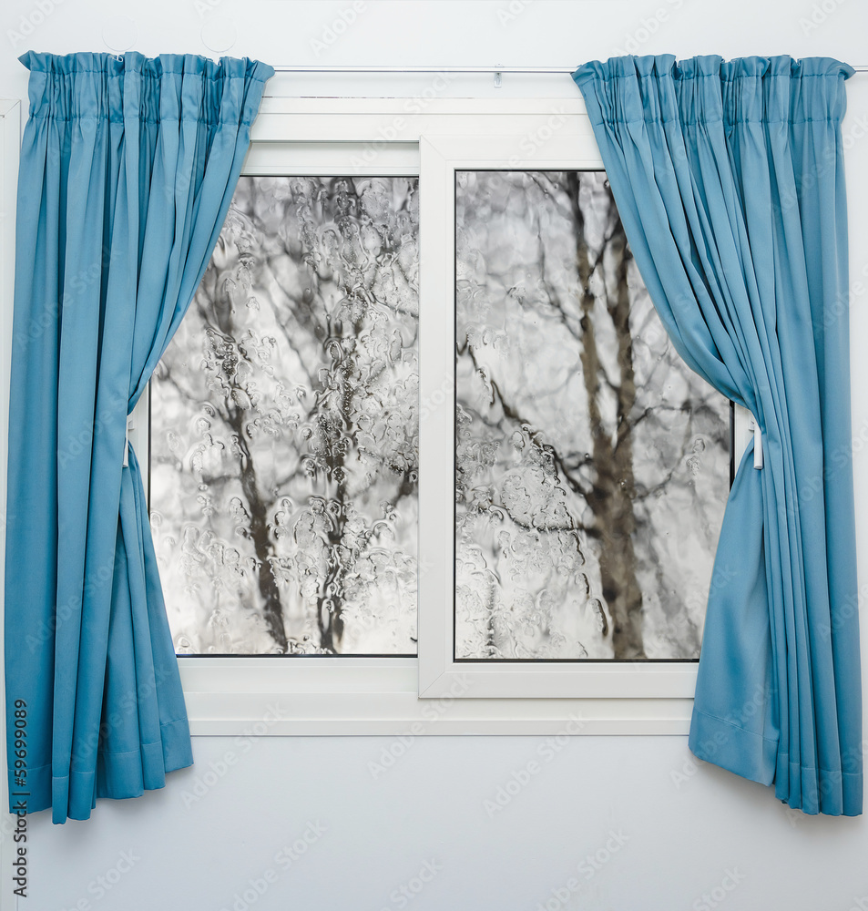 Closed window with curtains in rainy autumn weather - obrazy, fototapety, plakaty 