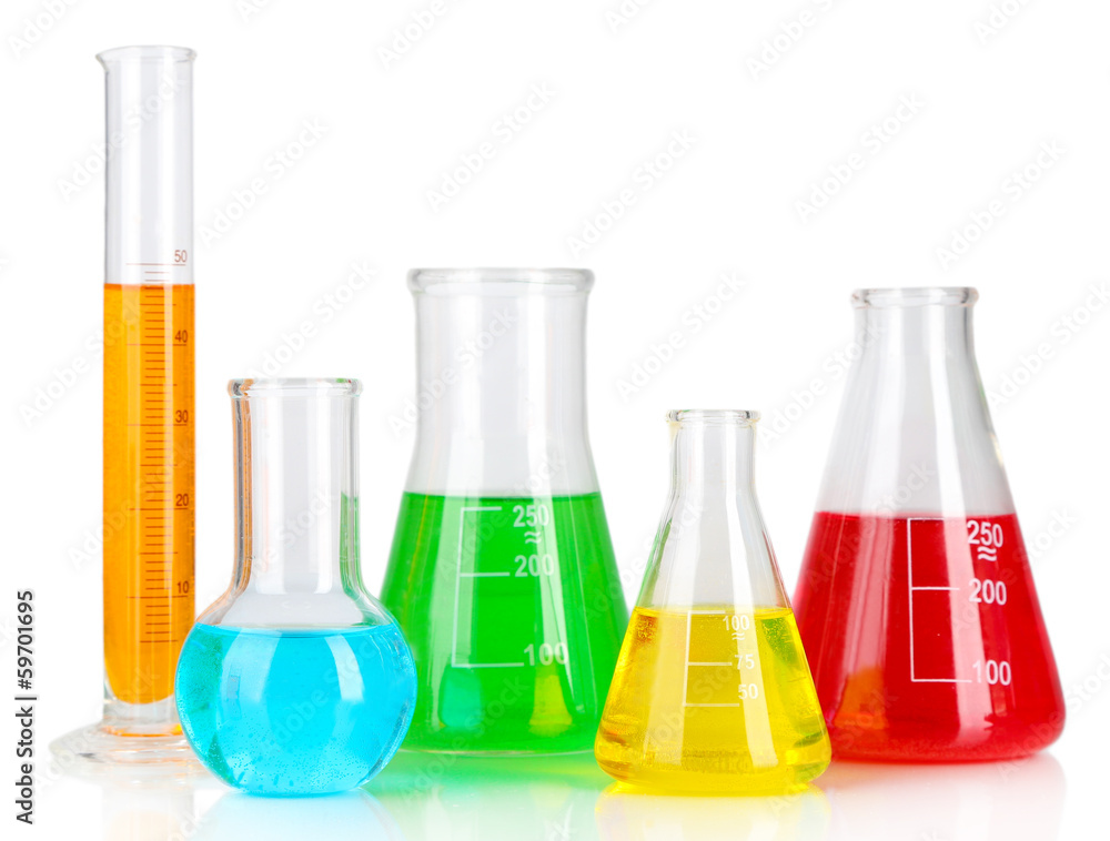 Test tubes with colorful liquids isolated on white Test tubes with colorful liquids isolated on white