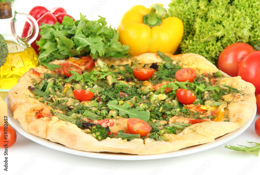 Tasty vegetarian pizza and vegetables, close up Tasty vegetarian pizza and vegetables, close up