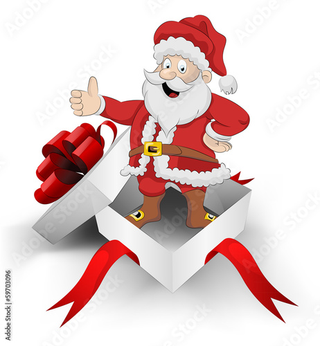 red ribbon wrapped box with happy santa claus inside vector