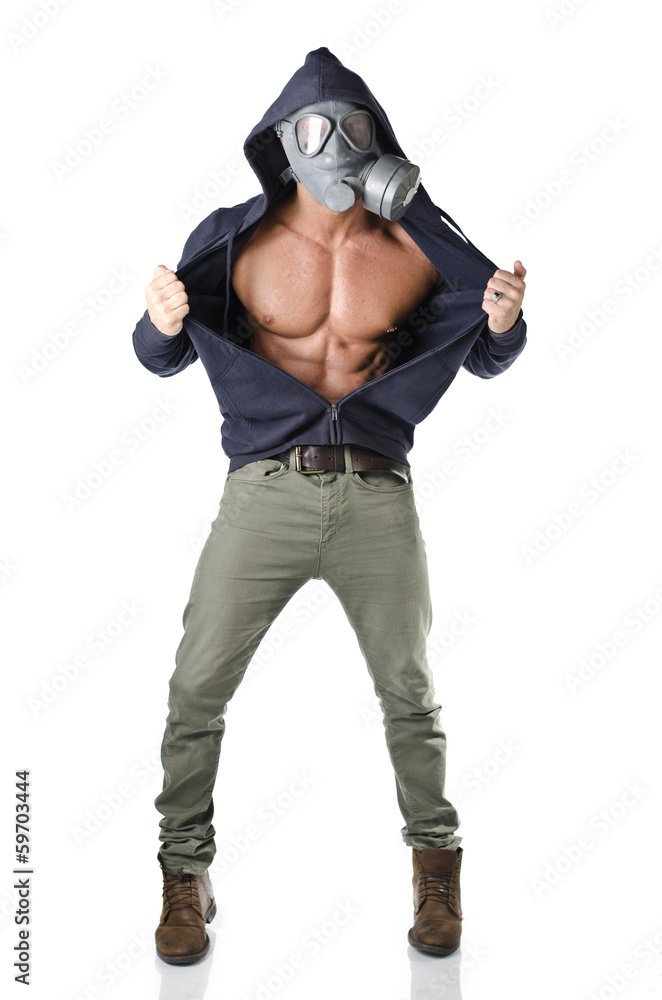 Muscular man wearing antigas mask, naked ripped torso