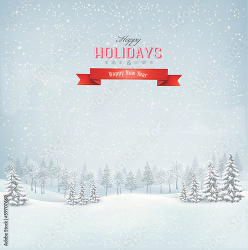 Christmas winter landscape background. Vector.