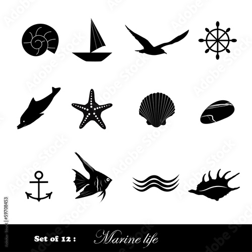 Set of black icons marine life
