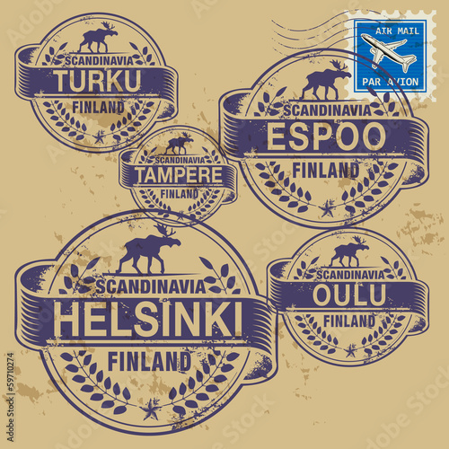 Grunge rubber stamp set with names of Finland cities