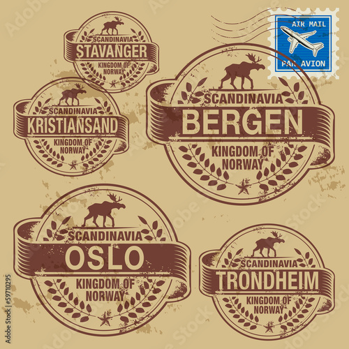 Grunge rubber stamp set with names of Norway cities