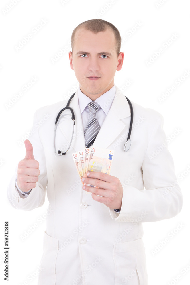 young handsome doctor with euro banknotes thumbs up isolated on young handsome doctor with euro banknotes thumbs up isolated on