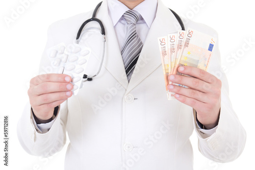 package of pills and euro banknotes in male doctor's hands isola