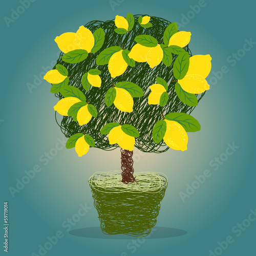 Lemon tree in a pot drawn in scribble style vector