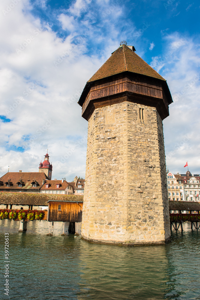 Panoramic view of wooden Chapel bridge and old town of Lucerne