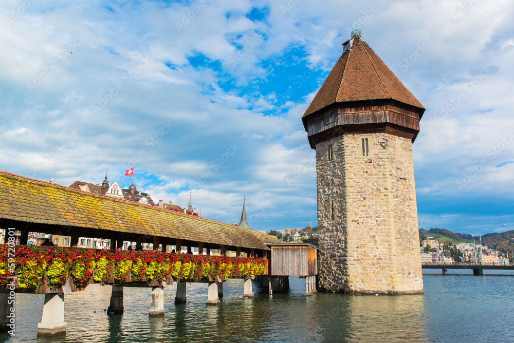 panoramic view of wooden Chapel bridge and old town of Lucerne