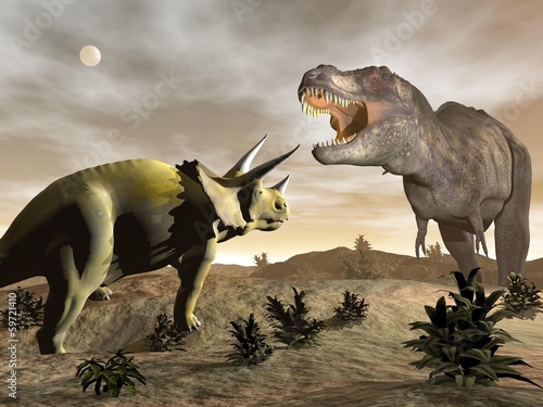 Tyrannosaurus roaring at triceratops - 3D render © Elenarts