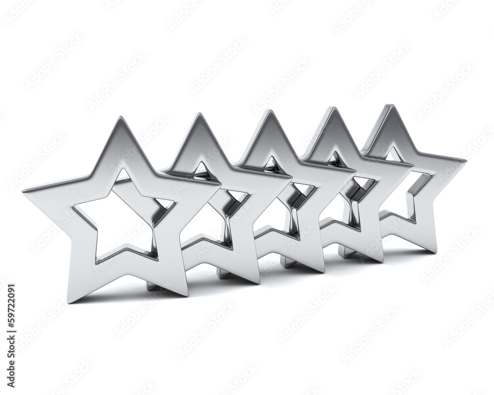Five silver rating stars, concept of success and best quality 3d Five silver rating stars, concept of success and best quality 3d