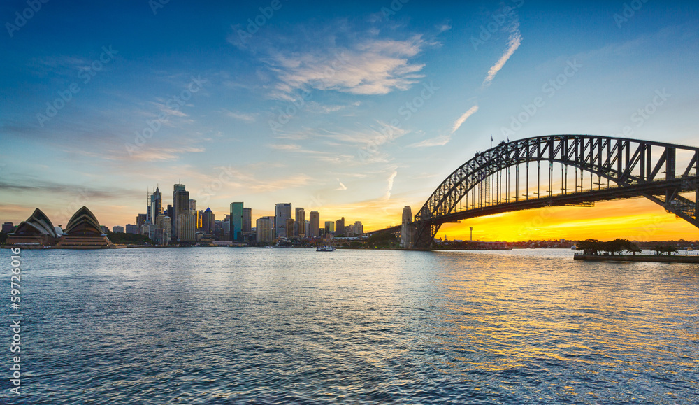 Dramatic panoramic sunset photo Sydney harbor