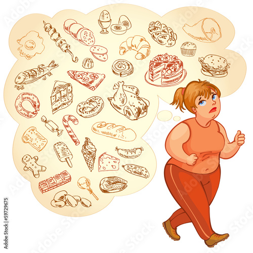 Fat woman dreams of high-calorie foods