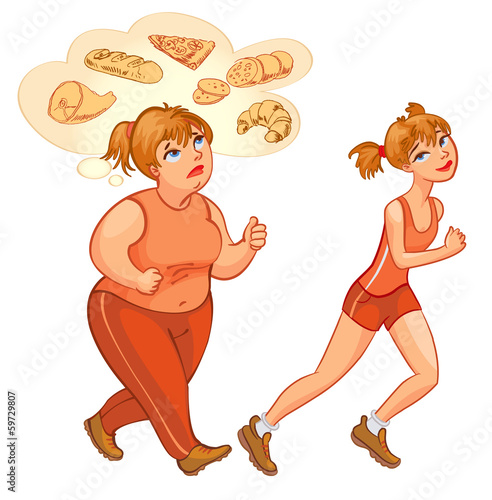 Young fat and thin woman jogging