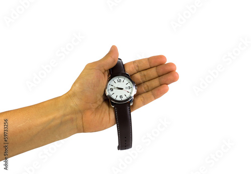 Watch in hand on white background