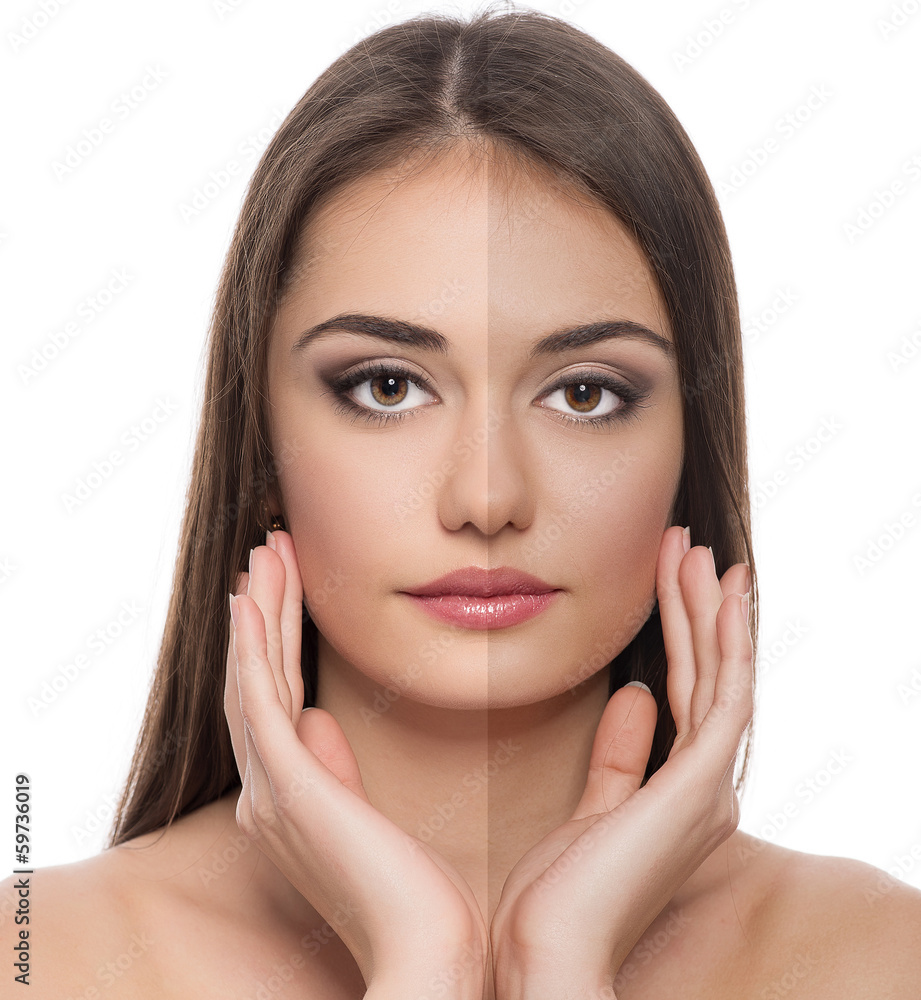Solar protection. Close-up of woman face before and after tan Solar protection. Close-up of woman face before and after tan