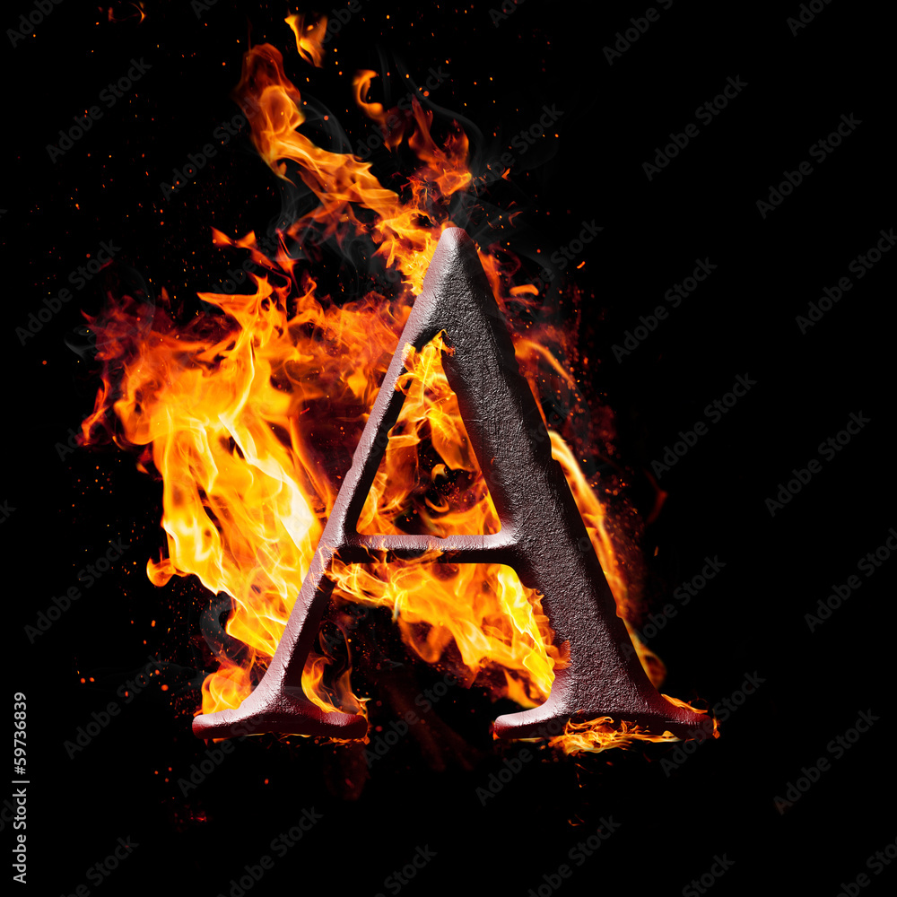 High res iron letter A illustration in fire on black background