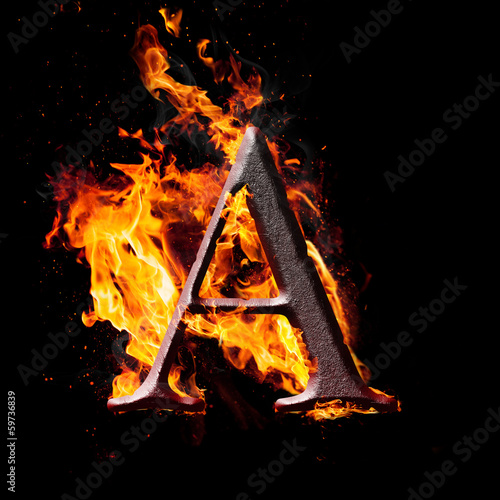 Obraz na płótnie High res iron letter A illustration in fire on black background w salonie