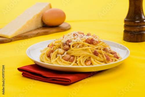 Italian pasta, carbonara spaghetti in the dish