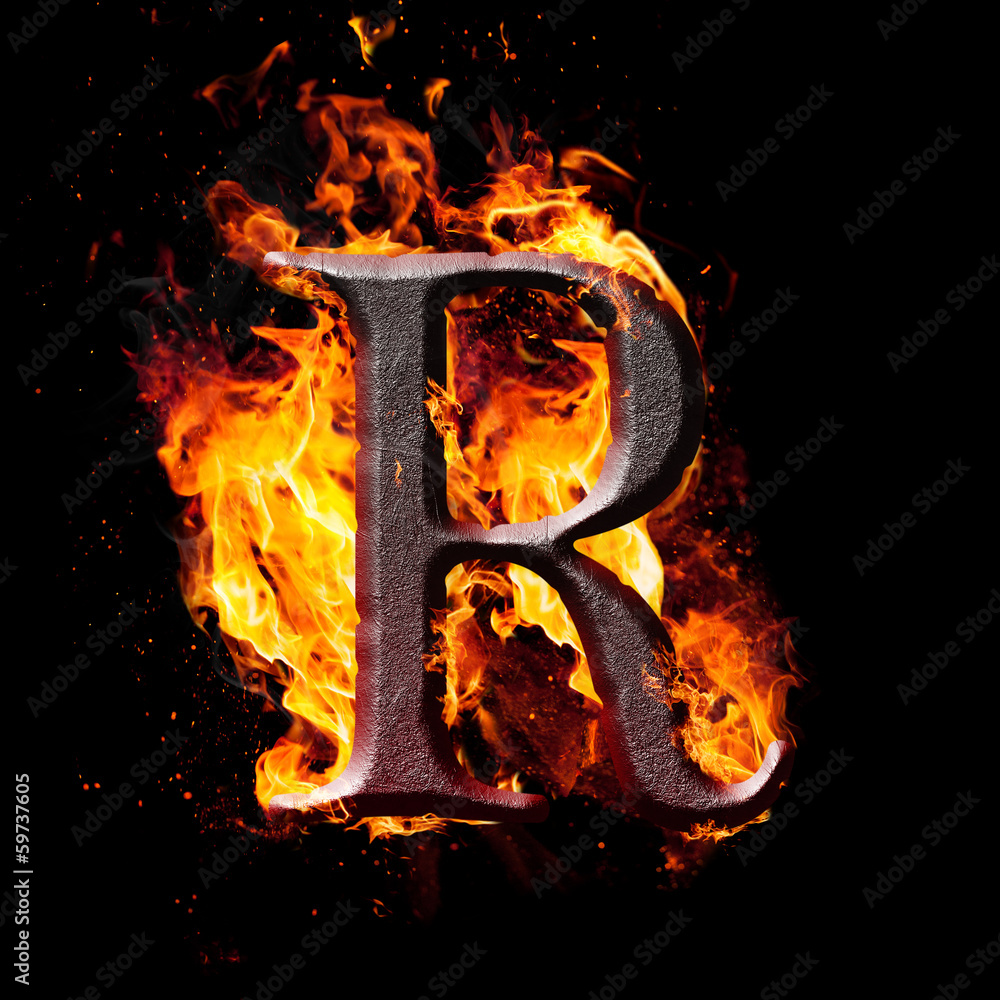 High res iron letters illustration in fire on black background
