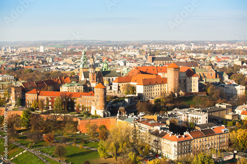 Aerial view of Royal Wawel castle with park and Vistula river.