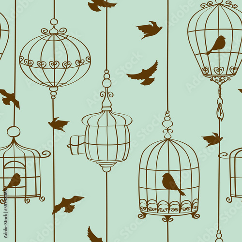 Seamless pattern of birds and cages