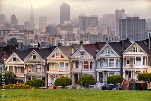 The Painted Ladies of San Francisco, California sit glowing amid