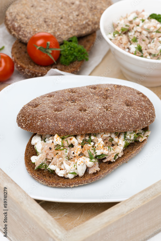 sandwich of rye bread with tuna and homemade cheese sandwich of rye bread with tuna and homemade cheese