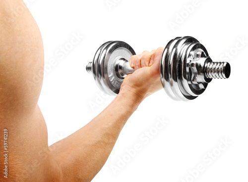 bodybuilder with dumbbell in the hand isolated on white