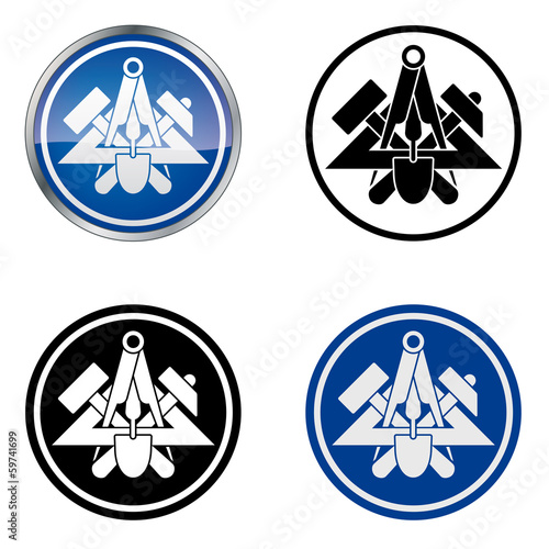Zunftzeichen Maurer Handwerk im Kreis, vier Versionen,  blau glänzend, blau flach, schwarz-weiss positiv und negativ