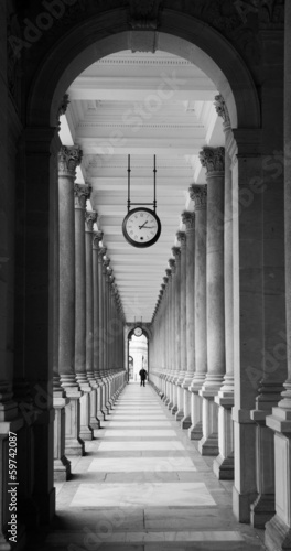 Mill colonnade in Karlovy Vary in black and white