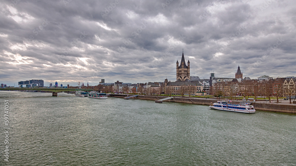 Rhine in Cologne with the Great St. Martin Church