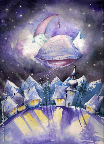 Moon sleeping on a cloud.Watercolors.