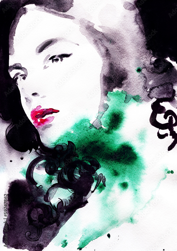Beautiful woman.  Hand painted fashion illustration