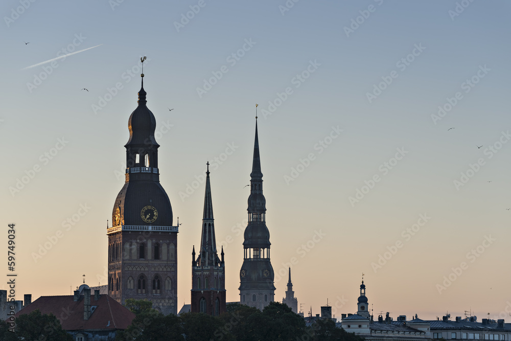 Medieval churches in old Riga at dawn, Latvia, Europe