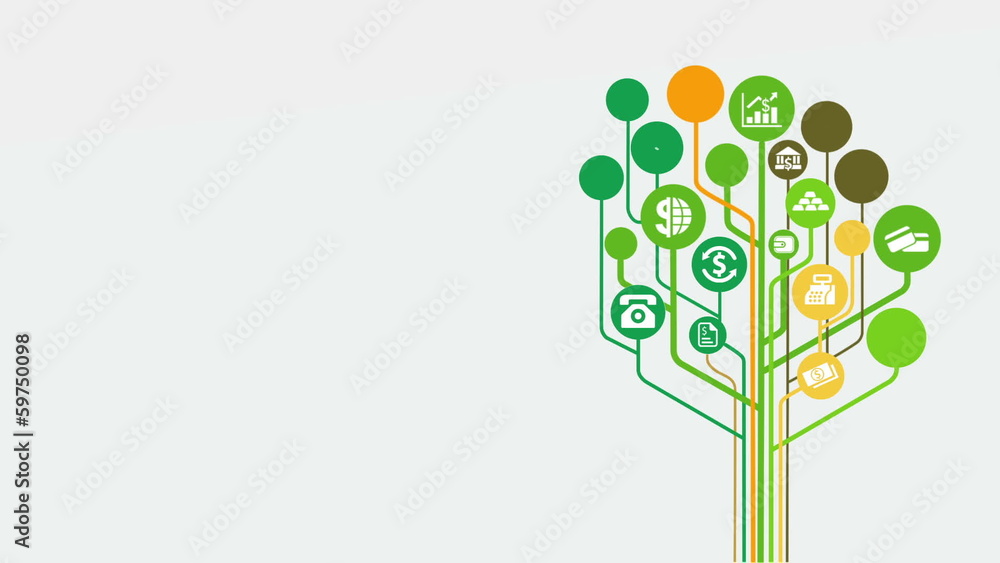Flat growing tree with business icons and with alpha channel.
