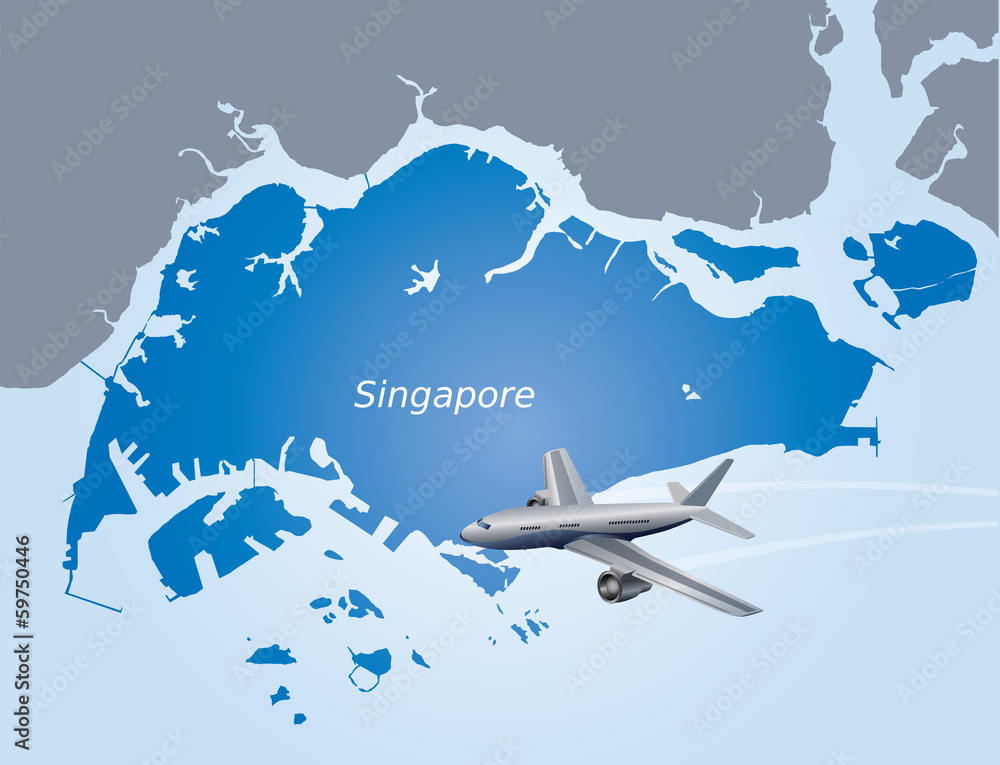 airplane over map of Singapore airplane over map of Singapore