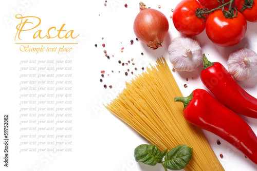 spaghetti and vegetables for pasta cooking isolated