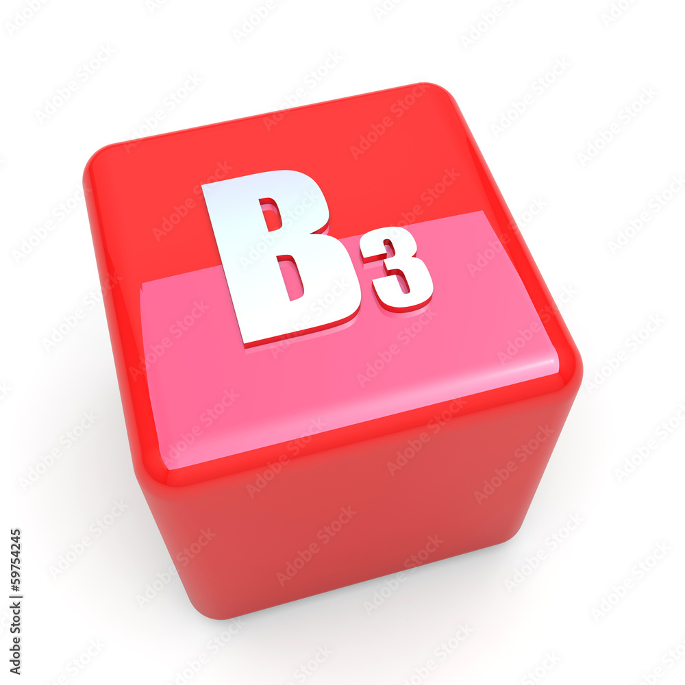 B3 vitamin symbol on glossy red cube