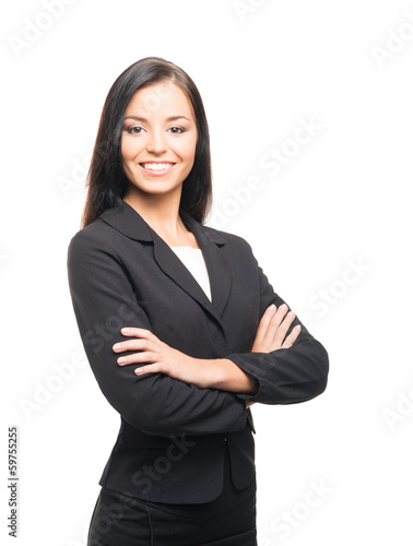 A young and smart businesswoman in formal clothes on white