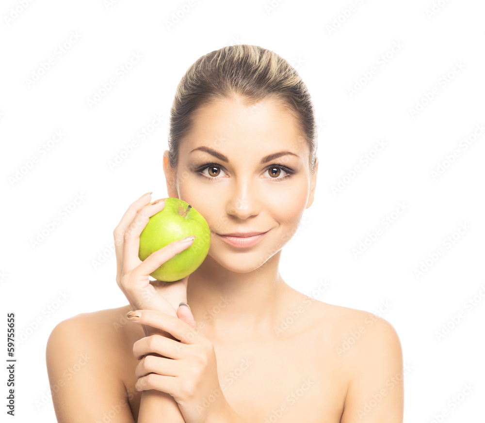 Close-up portrait of a girl eating apple isolated on white Close-up portrait of a girl eating apple isolated on white