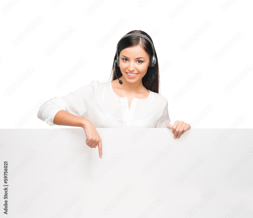 A beautiful customer support operator with a banner A beautiful customer support operator with a banner
