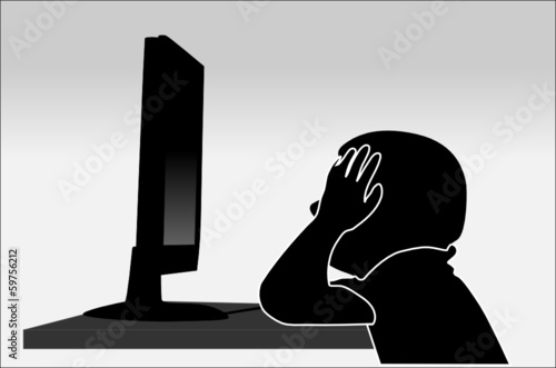 boy tries to solve the problem on their computers vector