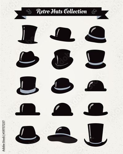 Hipster Retro Hats Vintage Icon Set, Illustartion, Black